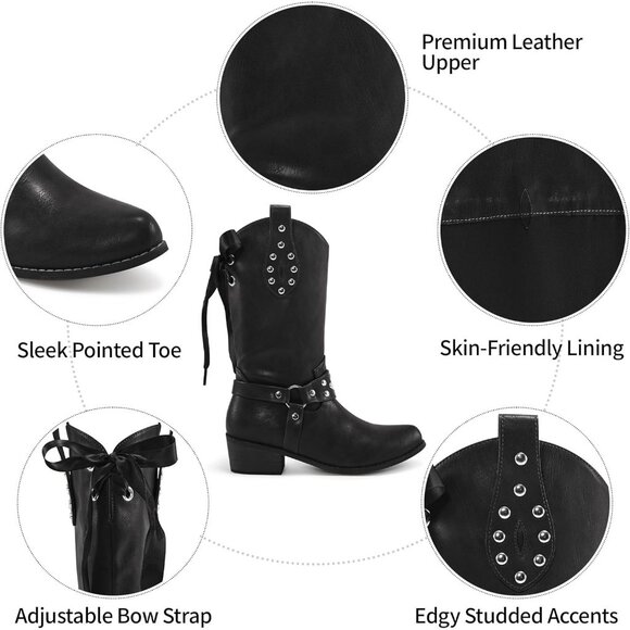 Women's Western Leather Mid Calf Fashion Chunky Cowgirl Pointed Toe Red Boot - Picture 4 of 7